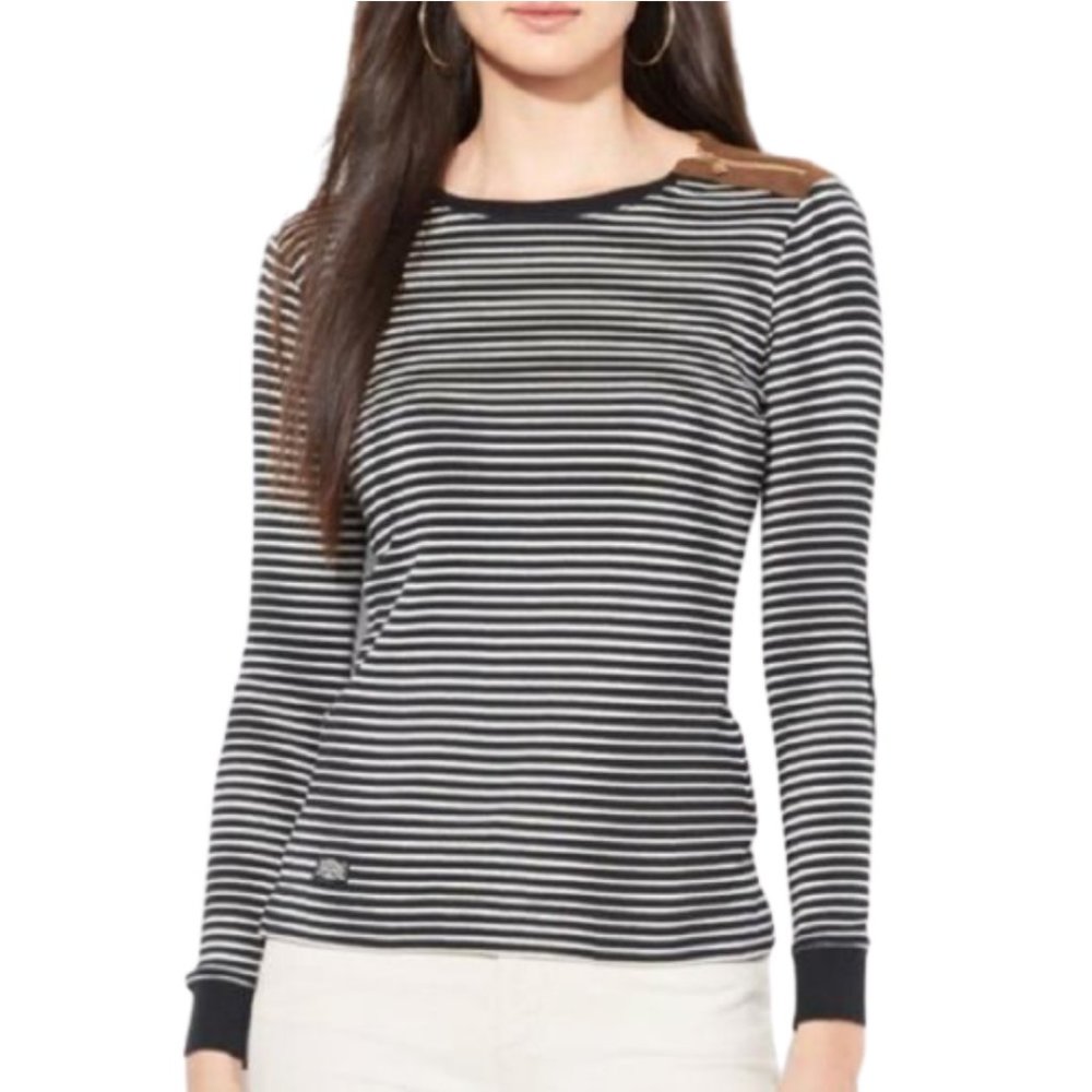 Ralph Lauren Gray & Black Striped Elbow Patch Zippered Shoulder Long Sleeve